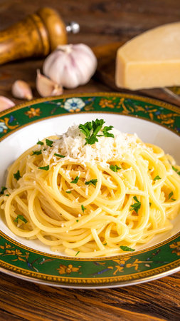 Spaghetti with parmesan cheese and parsley on a plateの素材