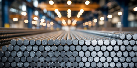 Steel pipes in warehouse, shallow depth of field. Industrial background.の素材