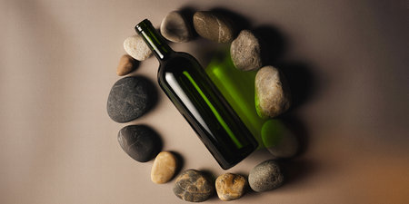 bottle of wine on a background of pebbles, top viewの素材