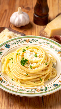 Spaghetti Carbonara with parmesan cheese and parsley on wooden tableの素材