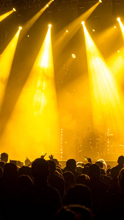 Crowd at concert with stage lights and bright beams in the backgroundの素材