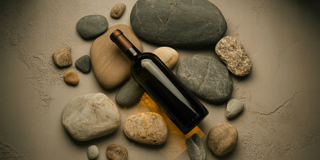 Bottle of red wine and stones on grey background. Top viewの素材