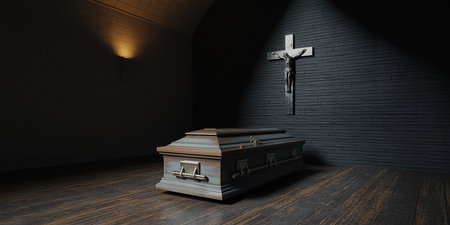 3D rendering of a coffin in a dark room with a crossの素材