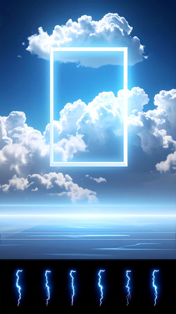 Futuristic background with blue sky, white clouds and square frameの素材