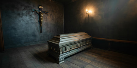 Casket and cross in a dark room. 3D rendering.の素材