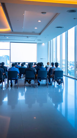 Group of business people attending a seminar in a conference hall, rear viewの素材