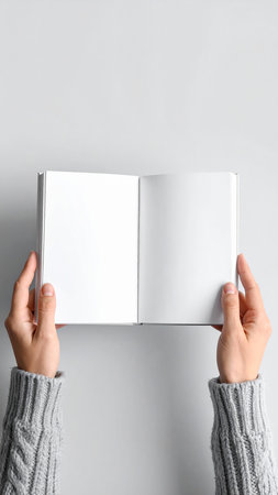 Woman holding blank book on light background, closeup. Mockup for designの素材