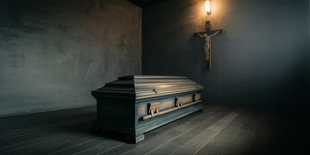 Funeral casket in dark room with cross. 3D renderingの素材