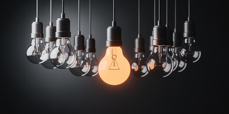 Idea concept with glowing fluorescent light bulb. 3D Renderingの素材