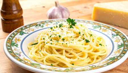 Spaghetti Carbonara with parmesan cheese and parsley on a plateの素材