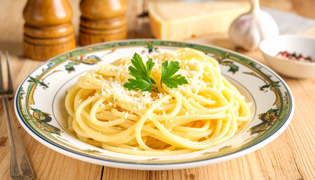 Spaghetti carbonara with parmesan and parsley on a plateの素材