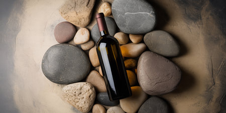 Bottle of red wine with pebbles on a stone backgroundの素材