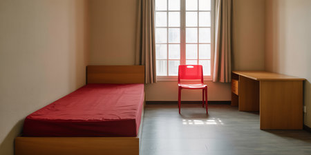 Interior of a hotel room with a red chair and a windowの素材