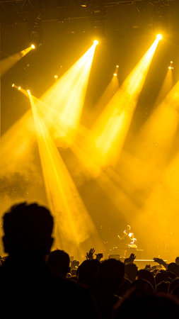 Crowd at a concert in front of a bright stage lighting.の素材