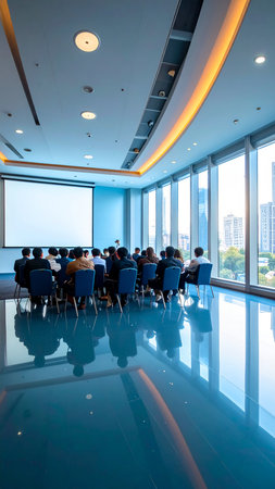 Business Conference and Presentation in the conference hall with cityscape backgroundの素材