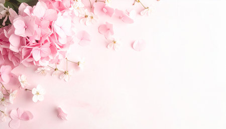 Pink hydrangea flowers on pastel pink background with copy spaceの素材