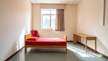 Interior of a hotel room, bedroom with red bed, nobody insideの素材