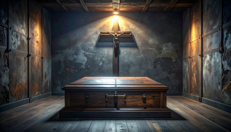 Wooden coffin in dark room with wooden cross and light. 3D renderingの素材