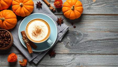 Cup of coffee with whipped cream, cinnamon and pumpkins on wooden backgroundの素材