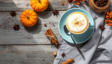 Pumpkin latte with cinnamon and anise on wooden backgroundの素材