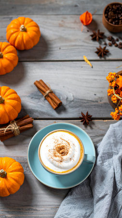 Pumpkin latte with whipped cream and cinnamon on wooden backgroundの素材
