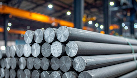 Metal profile pipe of round section in packs at the warehouse of metal products, Russiaの素材