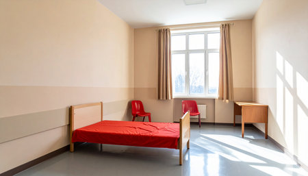 Interior of a hotel room, bedroom with red bed and chairsの素材