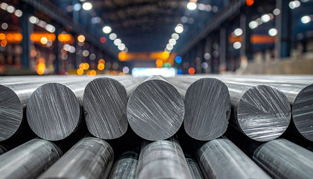 Metal profile cross section in packs at the warehouse of metal products, Russiaの素材