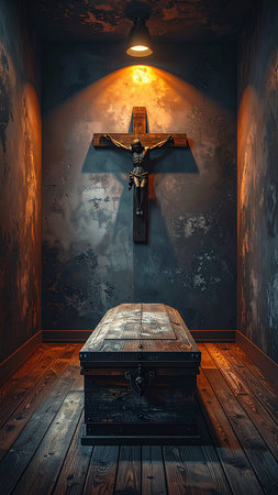 Wooden cross and casket in the dark room. Halloween concept.の素材