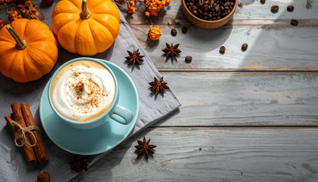 Pumpkin latte with whipped cream and spices on wooden backgroundの素材