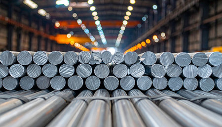 Stainless steel pipes in warehouse, industrial background, selective focusの素材