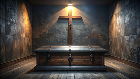 Wooden coffin in a dark room with cross. 3D renderingの素材