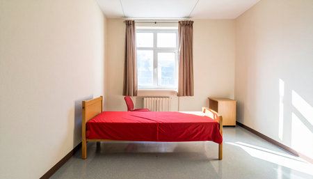 Interior of a hotel bedroom with red bed and window. Nobody insideの素材