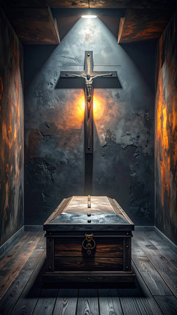 Wooden cross and casket in a dark room. 3D renderingの素材