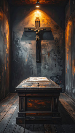 Old wooden altar with a cross on the background of a dark wallの素材