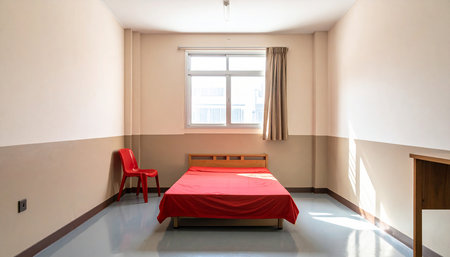 Interior of a hotel room with a bed and a red chairの素材