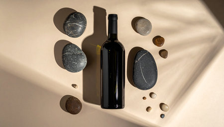 Bottle of red wine with pebbles on beige backgroundの素材