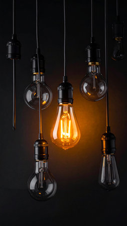Vintage light bulbs glowing on dark background. Idea and creativity concept.の素材