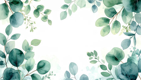 Watercolor background with eucalyptus branches and leaves.の素材