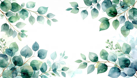 Watercolor floral background with eucalyptus branches and leaves. Hand painted illustration.の素材