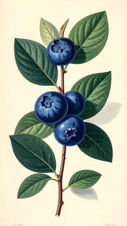 Blueberry branch with berries and leaves. Vintage hand drawn illustration.の素材