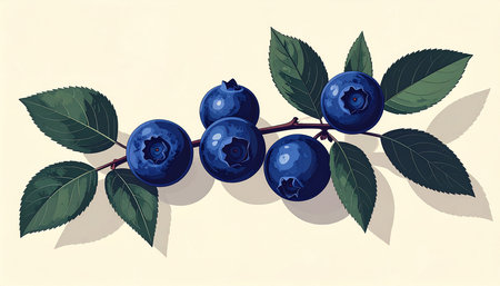 Blueberry branch with berries and leaves. Vector illustration in retro style.の素材