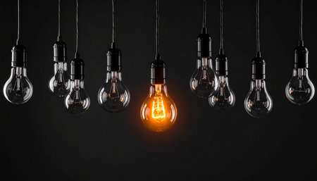 Light bulbs glowing on dark background. Idea concept. 3D Renderingの素材