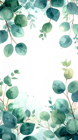 Watercolor green eucalyptus leaves frame on white backgroundの素材