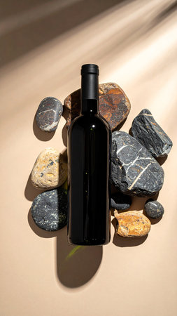 Bottle of red wine with stones on beige background, top viewの素材