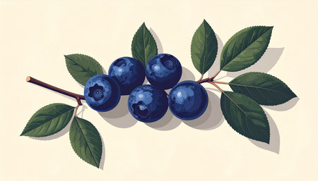 Blueberry branch with berries and leaves. Vector illustration in retro style.の素材