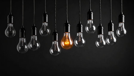 Group of vintage incandescent light bulbs hanging on a black backgroundの素材