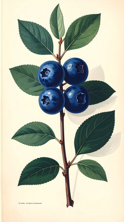 Blueberry branch with berries and leaves. Vector illustration in vintage style.の素材