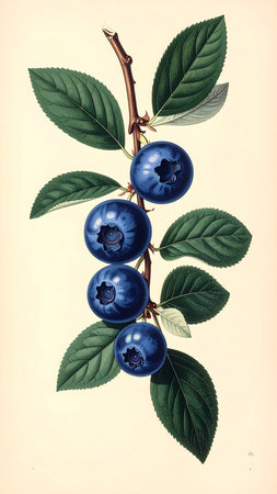 Blueberry branch with berries and leaves. Vintage hand drawn illustration.の素材