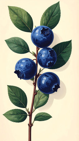 Blueberry branch with blue berries and leaves. Vintage vector illustration.の素材